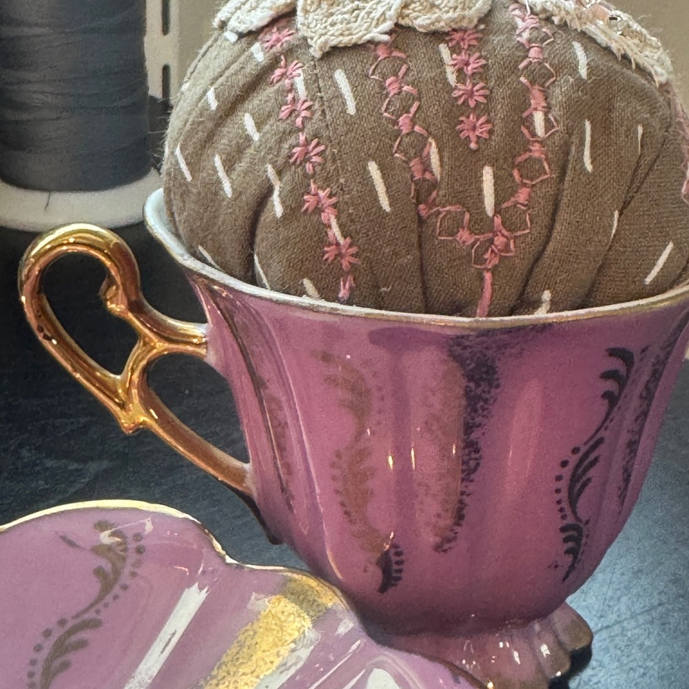 Vintage Pink and gold Teacup repurposed into an elegant cushion